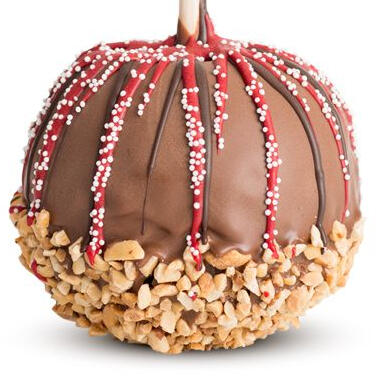 An apple coated in chocolate with red chocolate stripes. The bottom has crushed peanuts.
